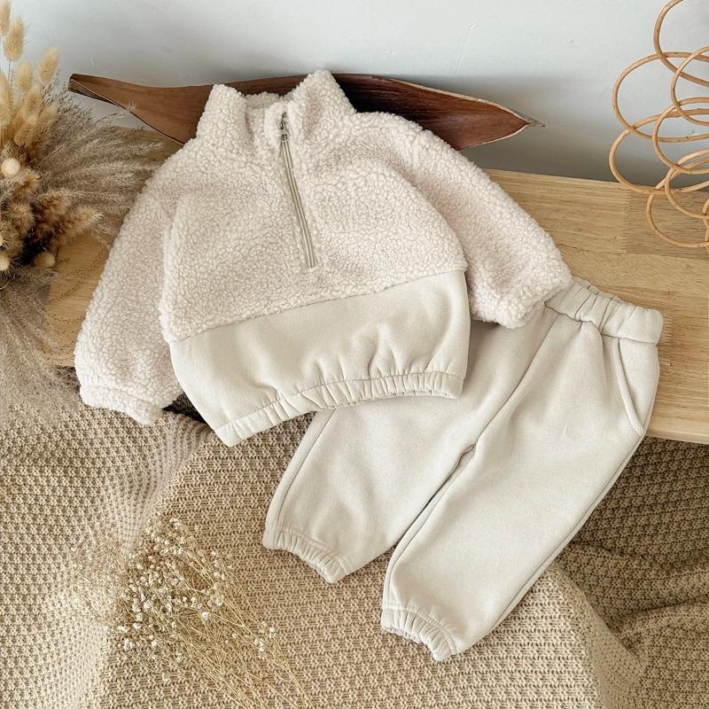 Herbst Winter Thermosuit Babykleidungssets Jungen Mädchen Lammfleece Farbblockiert Hoher Kragen Unifarbene Hose