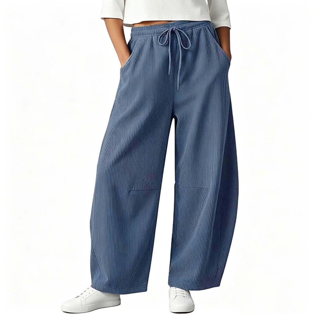 Women Corduroy Barrel Pants Elastic Waist Wide Leg Trousers Baggy Pant with Pockets Women's Casual Pants Comfy