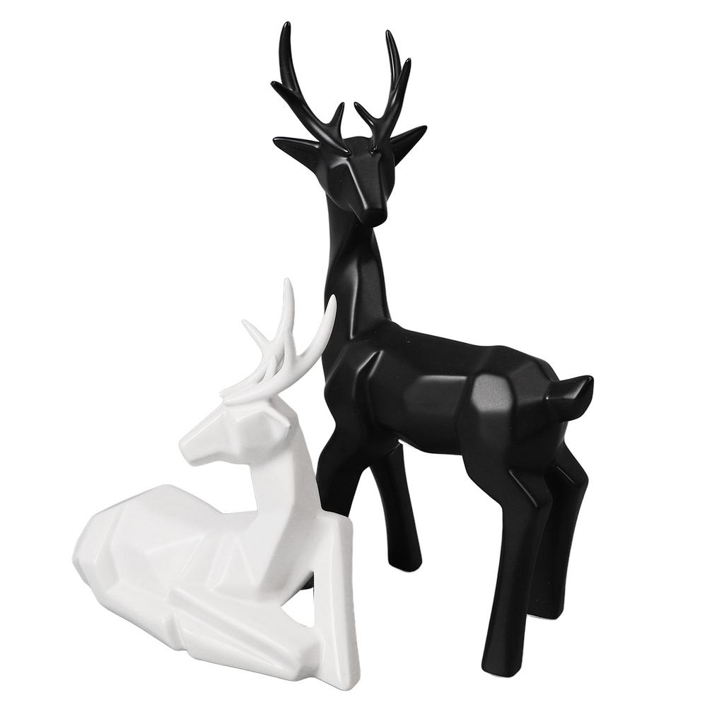 2Pcs Christmas Reindeer Figurines Elegant Lines Geometric Ceramic Stable Elk Sculpture for Family