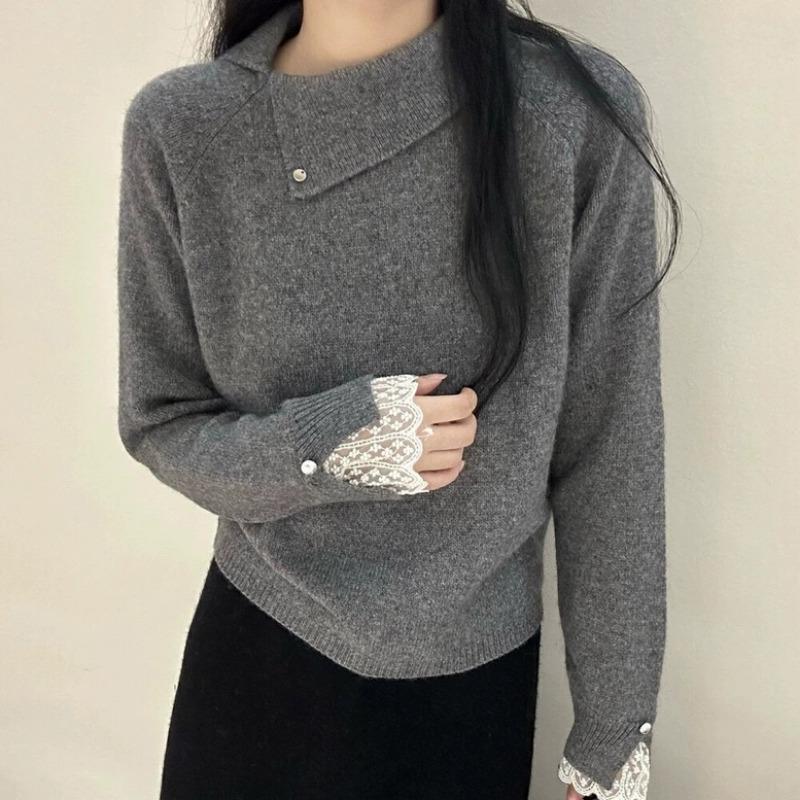 Premium sense shoulder sleeve mouth with lace soft waxy can be worn outside lapel long sleeve wool knitted sweater women's pullover sweater top
