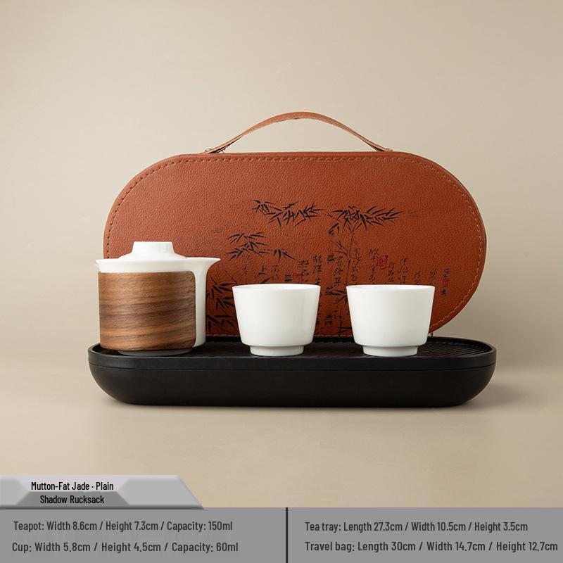 Sheep Fat Jade Portable Ceramic Tea Set - One Pot, Two Cups, Travel-Friendly Souvenir.