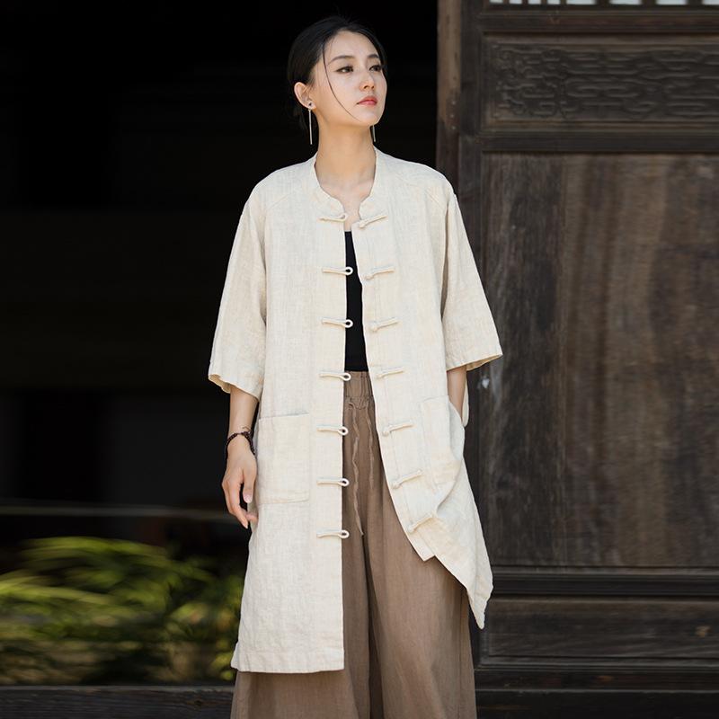 

Johnature Женские винтажные рубашки средней длины, однотонные, с рукавами-стойками, летние, с карманами, рубашки в китайском стиле One Size льняной