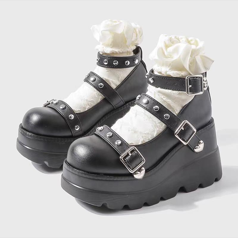Chunky Platform Wedge Heel Y2K Black Mary Jane Shoes Metal Buckle Women's Super High Heel Gothic Shoes Punk Ankle Strap Pumps