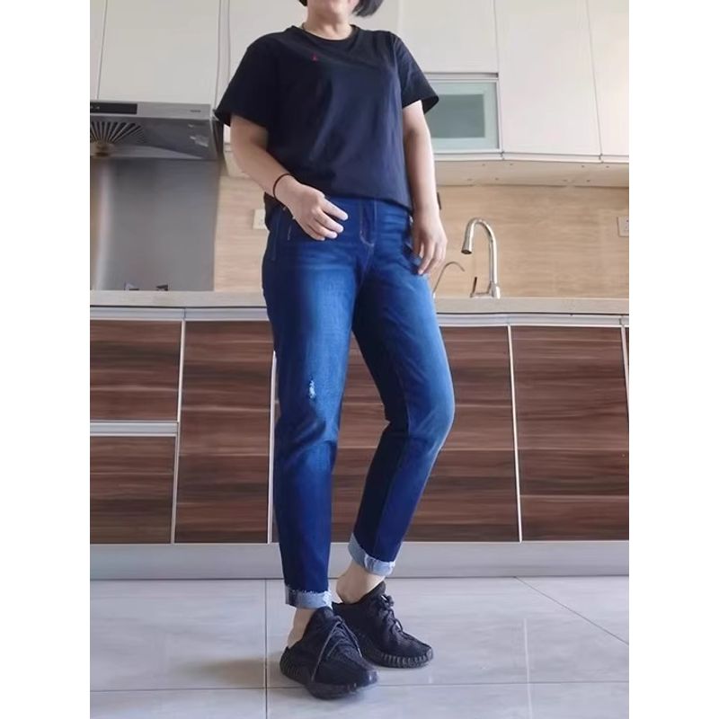 7 Fold for 1 Piece Two Pieces 5 Fold Export USA Flanging Hole Nine Points Loose High Elasticity Holes, Blue Straight-Leg Denim Nine Points