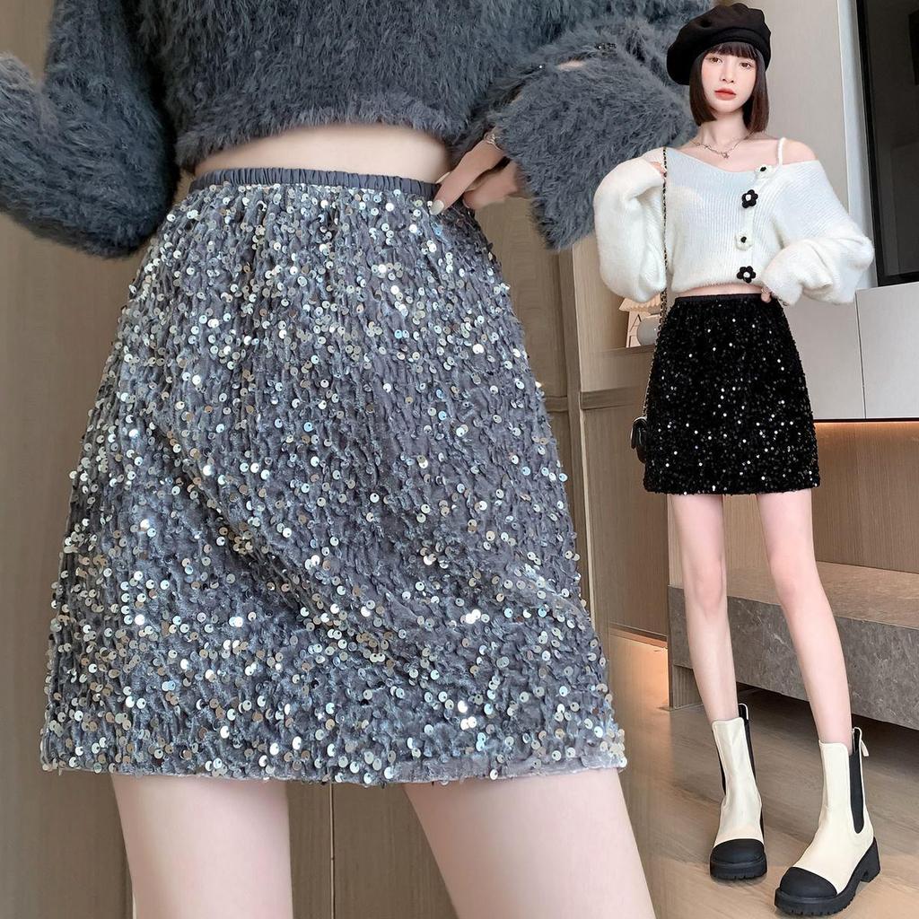European & American Style High-Waisted A-line Sequin Beaded Mini Skirt