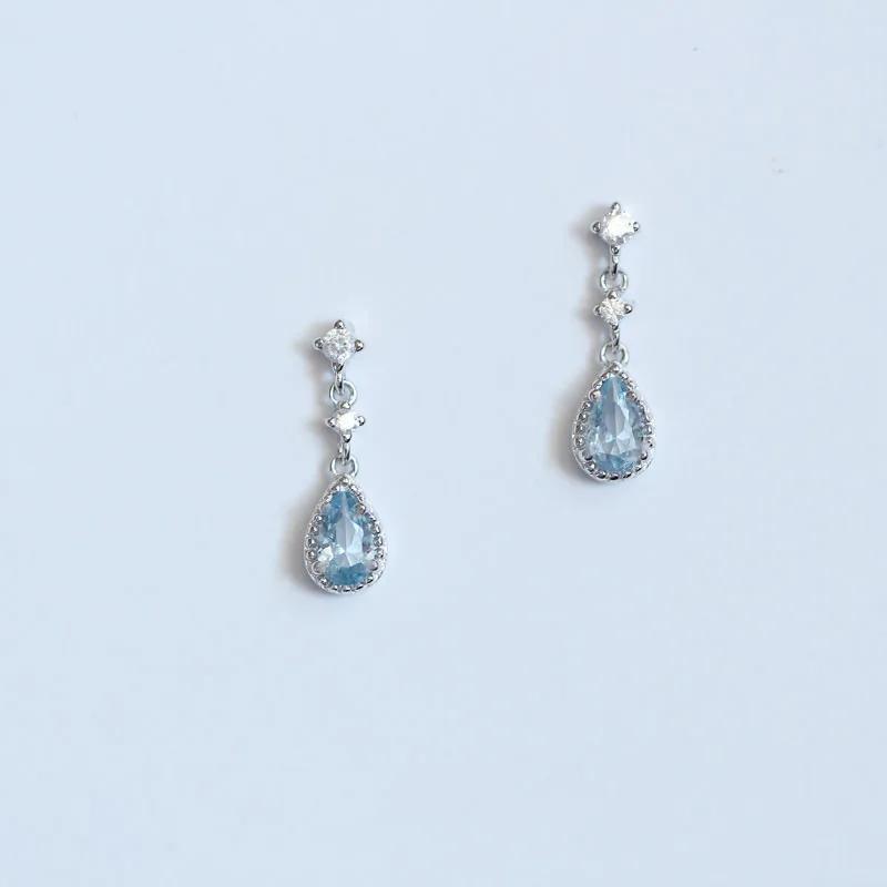 

Fashion Ins Silver Needle Blue Rhinestone Zircon Earring Women Girl Wedding Jewelry Simple Water Droplet Stud Earrings