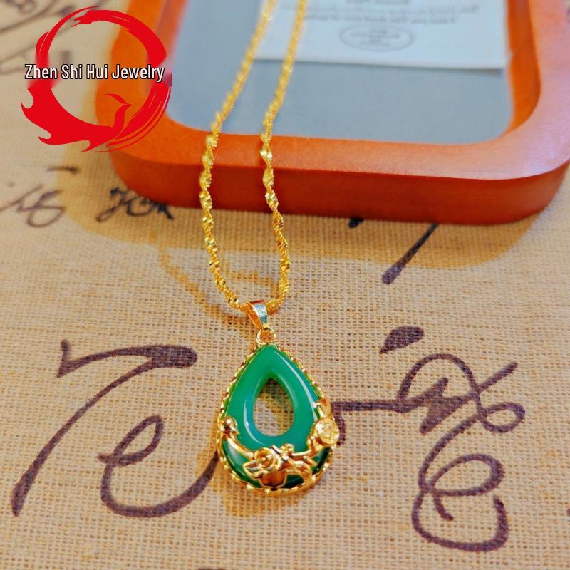 

Vietnamese Gold Jasper Pendant Necklace: Prosperity & Wealth Rose Gilt Brass Gift for Mom Green Rose Water Drop Pendant