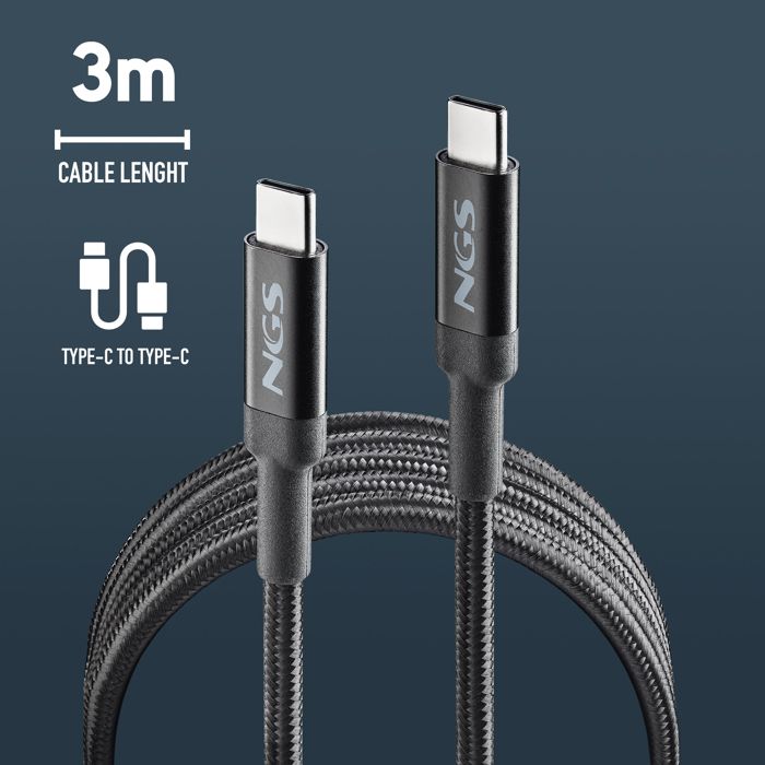 NGS KNOT 100W-3 : Kabel USB C do Type-C o długości 3 m do szybkiego ładowania urządzeń do 100 W. Wysoka kompatybilność. Czarny.