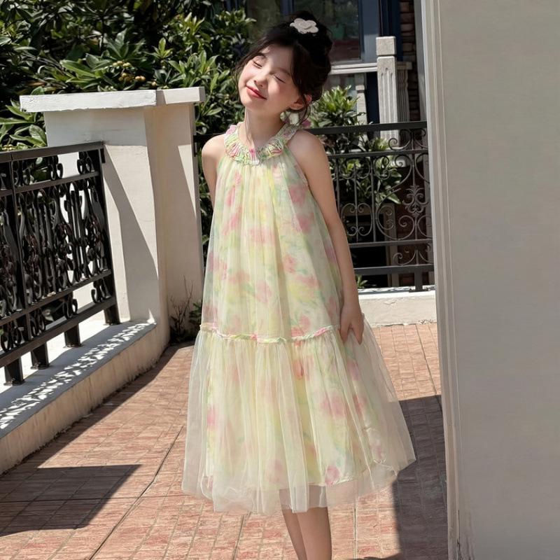 Girls Summer 2026 Floral Halter Mesh Princess Dress 170 cm