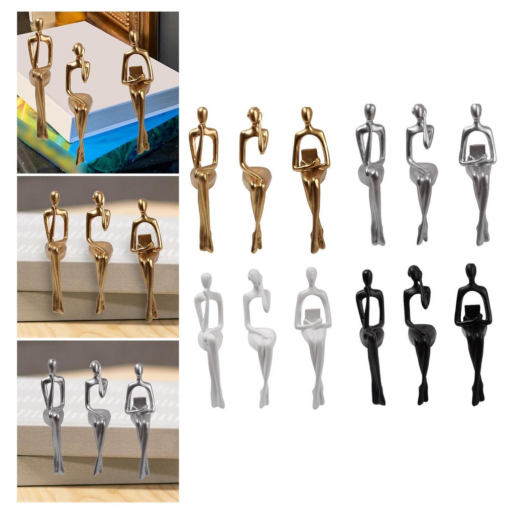 3x Sitting Thinker Statue Sitting Posture Figurine for Table Bookcase Decor