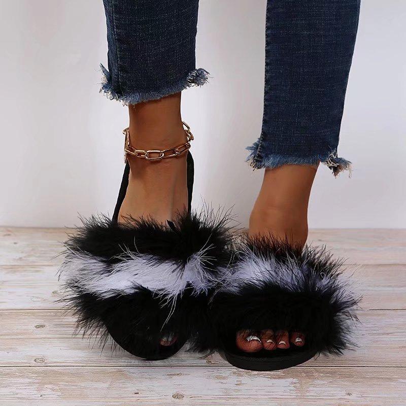 Fashion Mix Color Faux Fur Cotton Slippers for Women Fashion Open Toe Flats Slippers Woman Indoor Lightweight Non Slip Plush Slides Lady