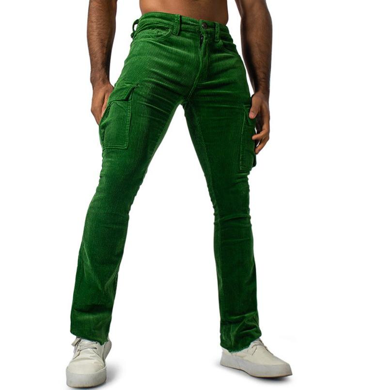 Men's European and American jogging corduroy solid color casual breathable street fashion multi-pocket slim-fit elastic overalls