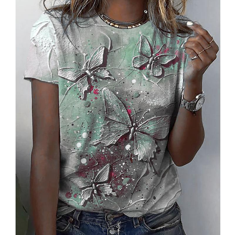 Women Summer T Shirt Trend Butterfly Print Retro Fashion Short Sleeve Tees Casual   Printed  Tops