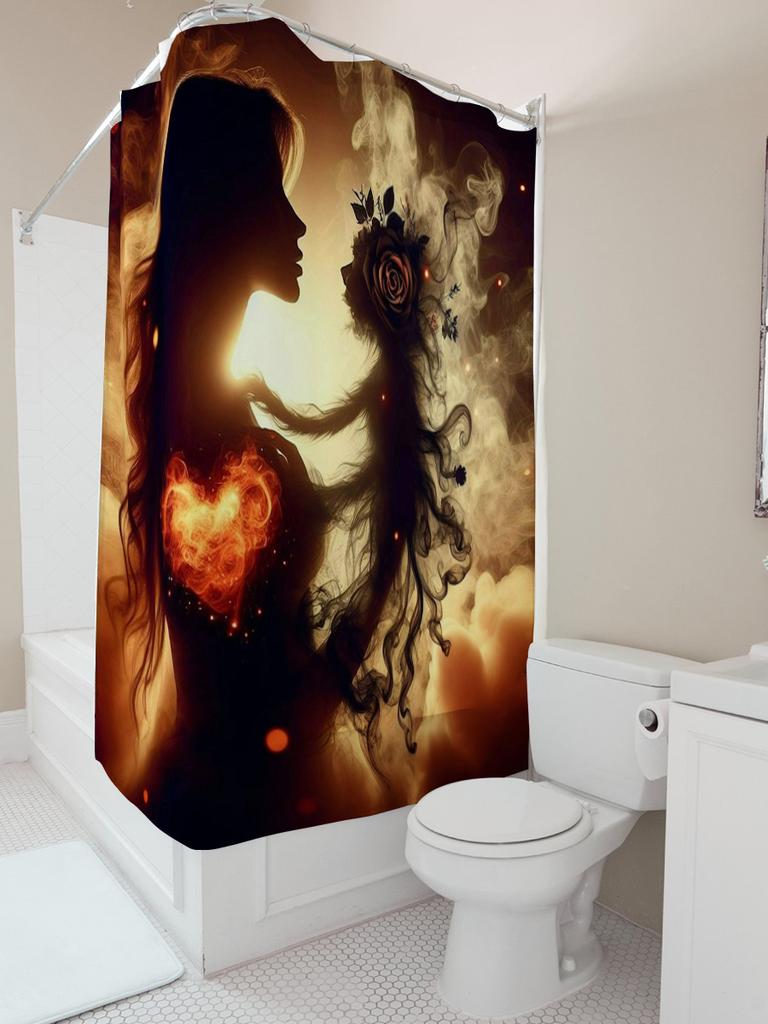 Enchanting Silhouette Women With Glowing Heart - Waterproof, Mildew-Resistant, Machine Washable For Artistic Bathroom Decor
