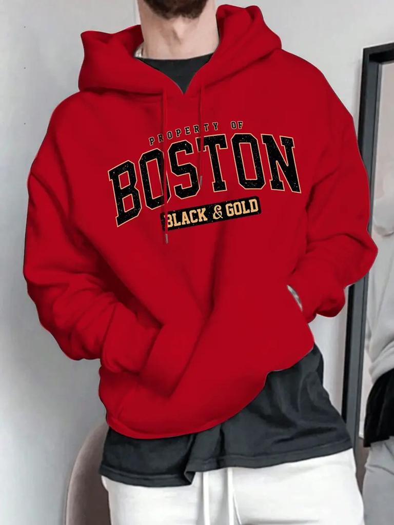 Men's Boston Graphic Print Hoodie Beige with Black  Golden Lettering Adjustable Drawstring Hood All-Season Comfort Regular Fit