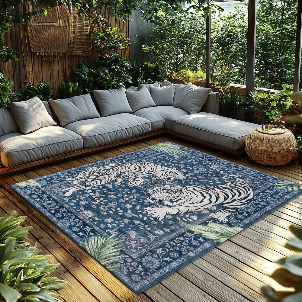 Blue Tiger Pattern Bohemian Rug, Jungle Theme Non-Slip Carpet, Plush Living Room Mat for Nature Inspired Decor