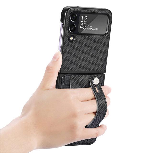 

Противоударный чехол-кошелек из углеродного волокна для Samsung Galaxy Z Flip4 Flip 4 5 Flip3 Flip 3 Flip5 Zflip4, браслет, держатель для карт, капа for samsung Z Flip 3 чёрный