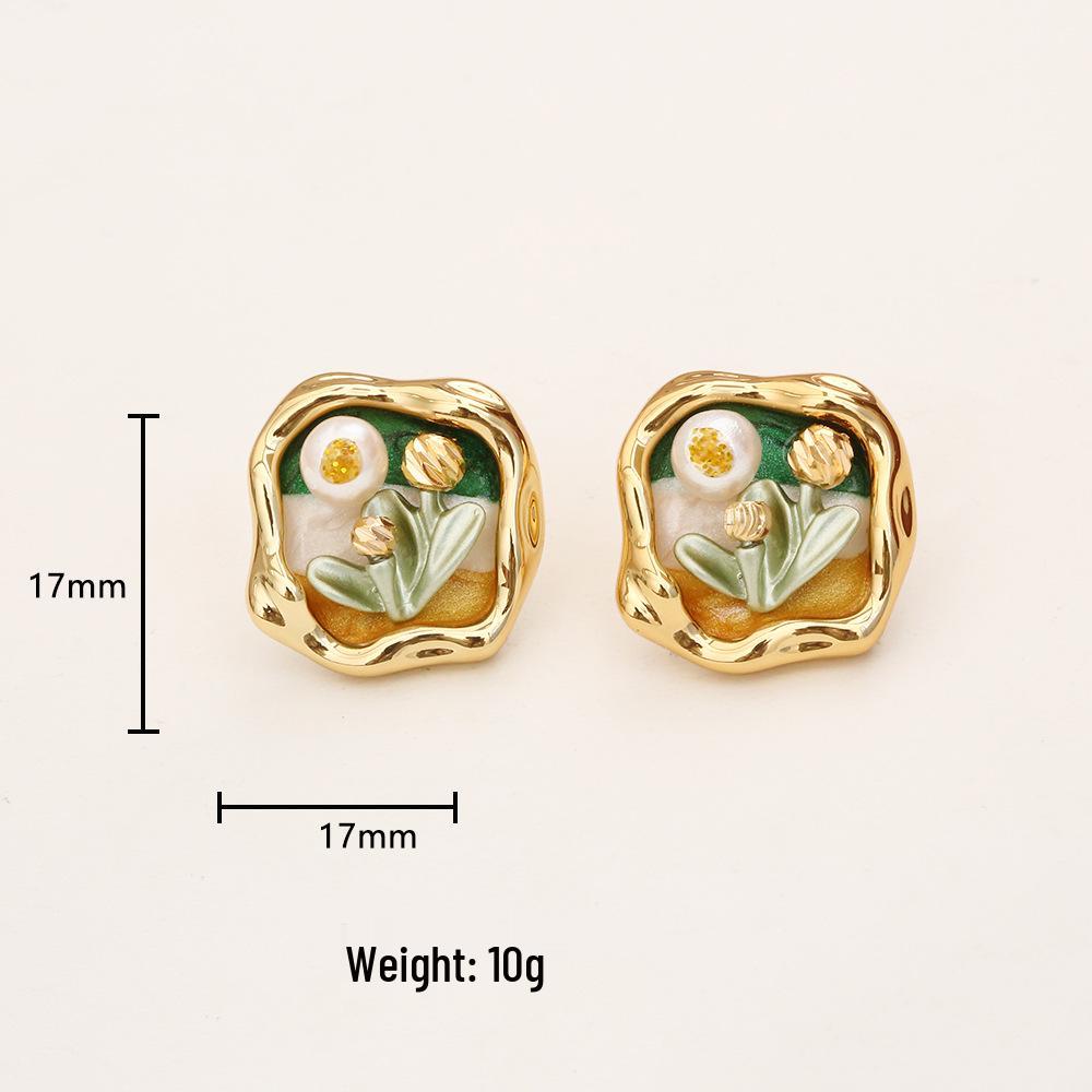 Monet Garden Geometric Freshwater Pearl Stud Earrings - Chinese Style Oil Painting Fashion Jewelry for Women