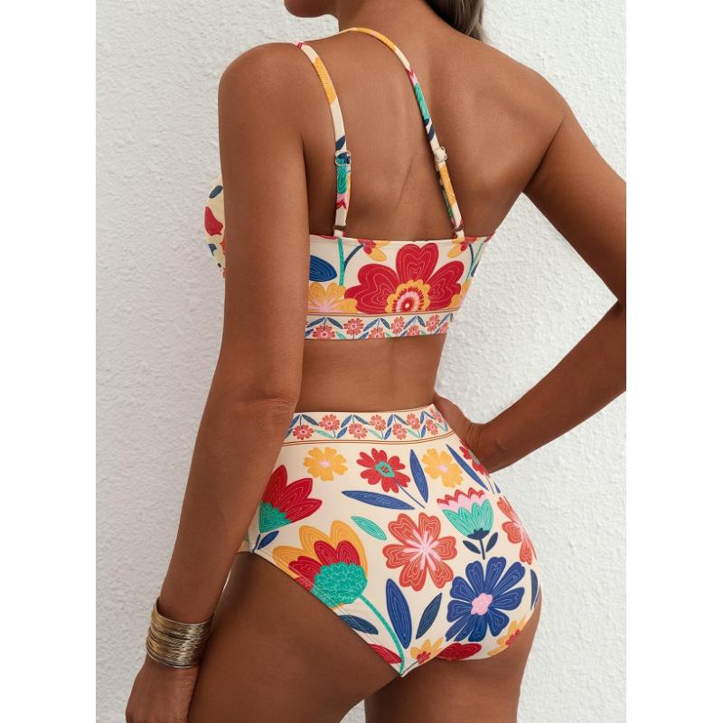 2026 Neues Damen High Waist Bikini-Set Ein Schulter Blumenmuster Badeanzug 2-teilig Bauch Badeanzug