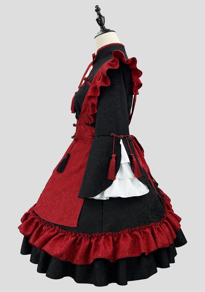 YZZYQQ Maid Cute Red and Black Outfit with Gothic Alice in Wonderland Princess Classical and Plus Size Maid Size M Costume, Cosplay, Ribbon, Lolita,