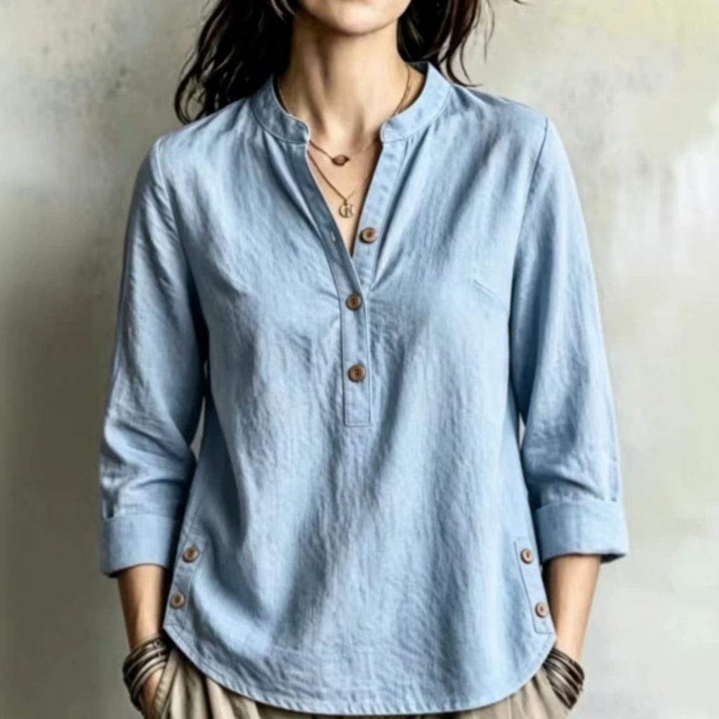 Women's Casual Loose Fit Stand Collar Blouse with Side Buttons