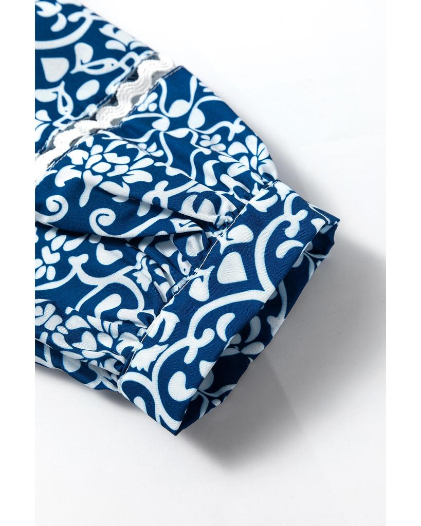 Azura Exchange Blue Floral Ric-rac Patchwork Button Loose Fit Shirt