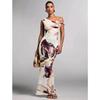 Women's Summer New Casual Flower Print Sleeveless Pleated One-shoulder Slim-fitting Long Dress