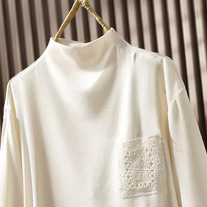 Women's Elegant Lace Pocket Semi-High Neck T-Shirt