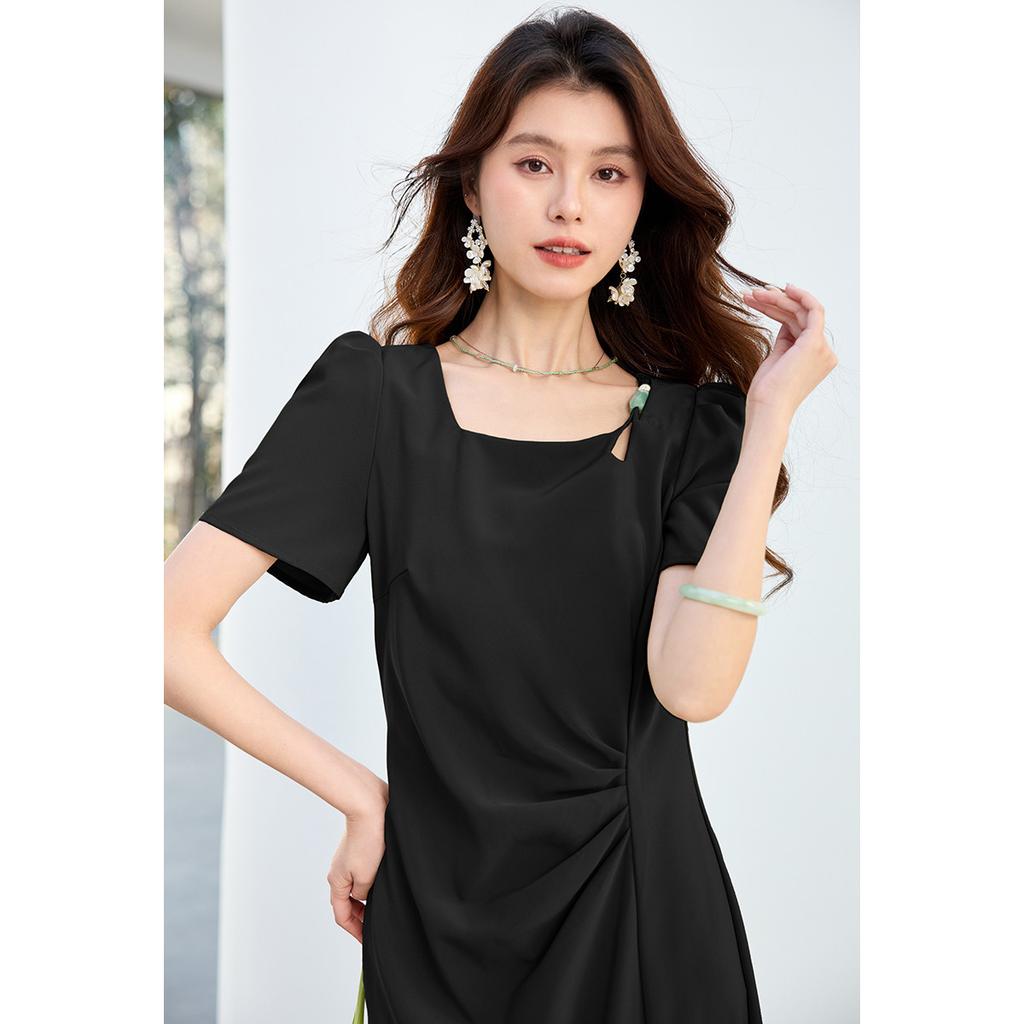 26 Year New Summer Pleated Waist Slimming and Slimming Mid Length Skirt Versatile and Elegant Slit Short Sleeved Skirt Dress