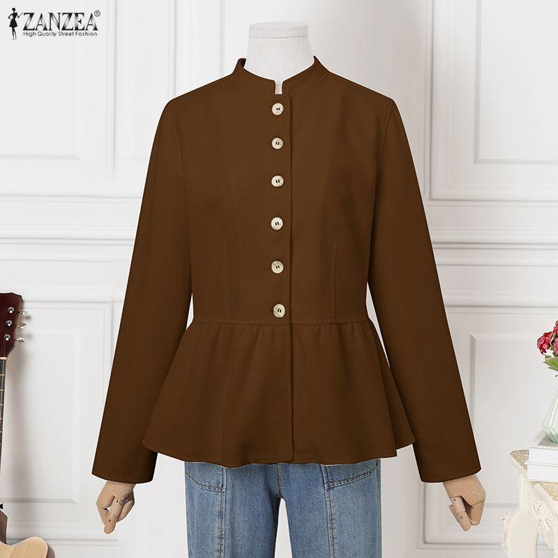ZANZEA Women Casual Stand Collar Long Sleeve Spring Autumn Woolen Blouse