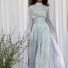 Women's Mock Neck Long Sleeve Maxi Dress Slim Fit High Waist Elegant Pleated Satin Formal Evening Midi Dress