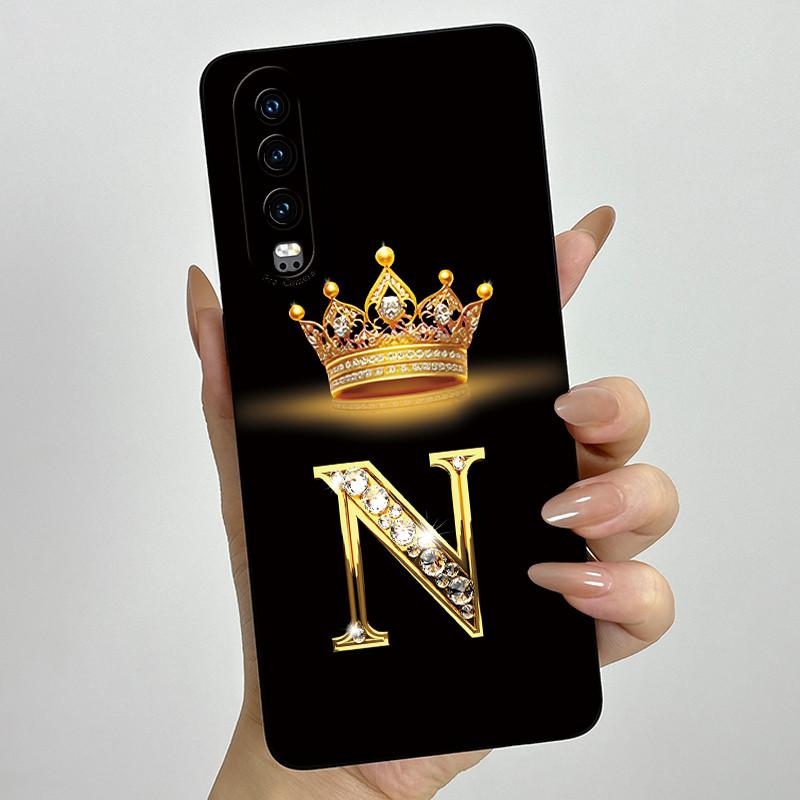 Back Cover For Huawei P30 ELE-L29 P 30 Pro VOG-L29 Crown Initial Letter Phone Case Liquid Soft Silicone Lens Protective Casing