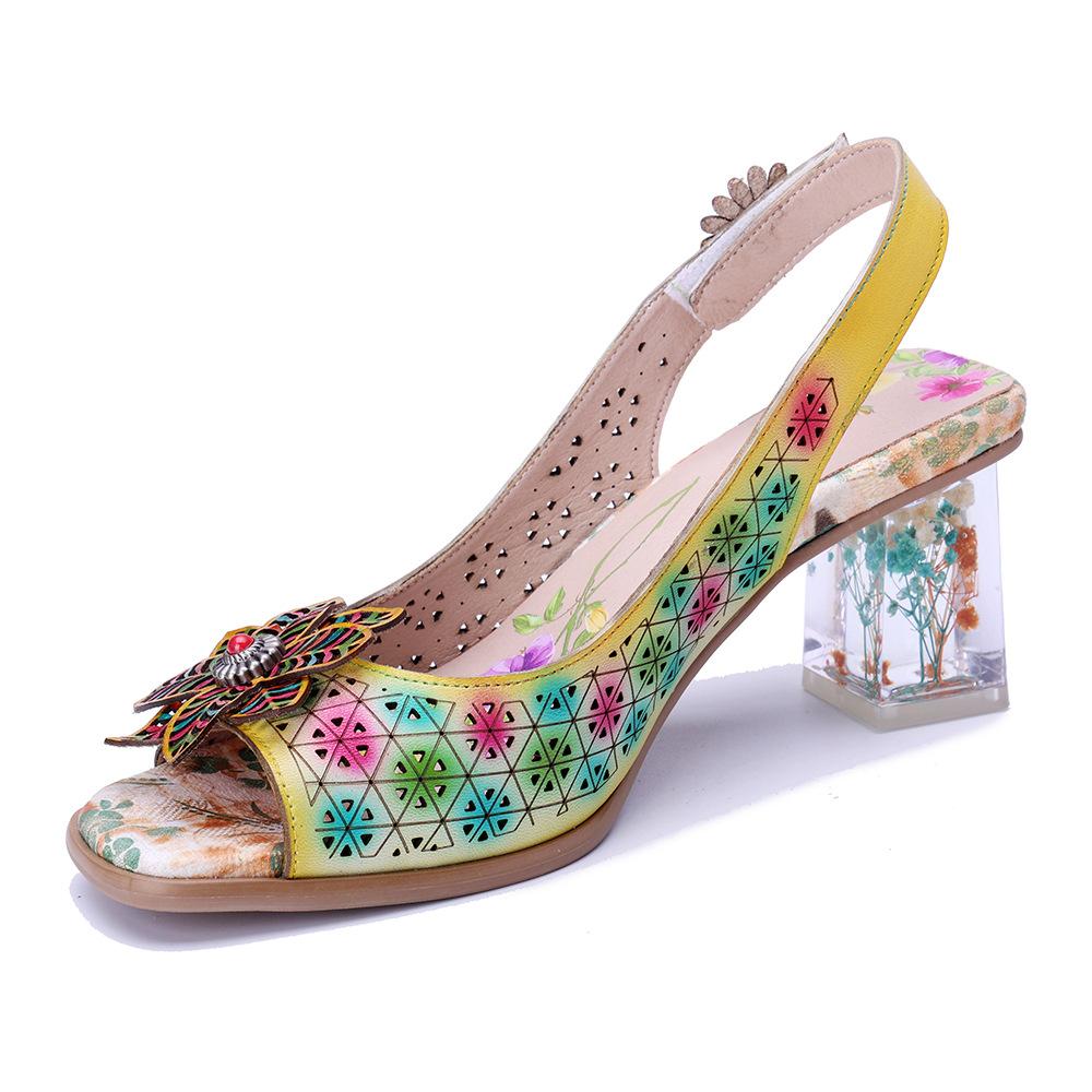 Johnature Genuine Leather Retro Baroque Style Hollow Out Colorful Three-dimensional Flower High-heeled Sandals