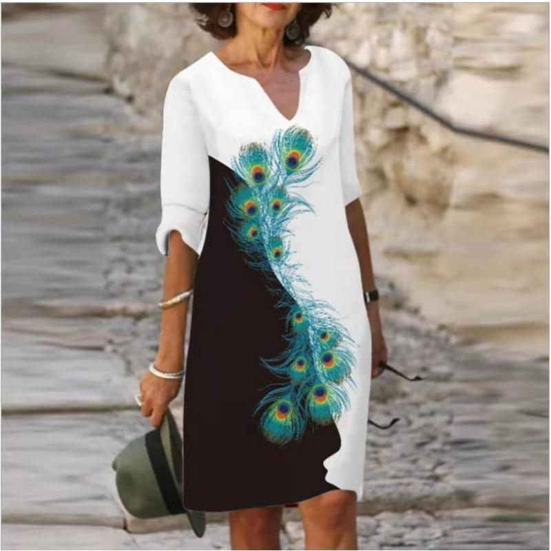 QICED Abiti Estivi Stampati Larghi in Fibra di Bambù Lino Floreale Manica Corta Donna Vintage Letterario Scollo O Manica a Cinque Punti