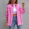 Women's Point Collar Long Sleeve Distressed Denim Jacket Loose Fit Raw Fringe Button Down Shirt