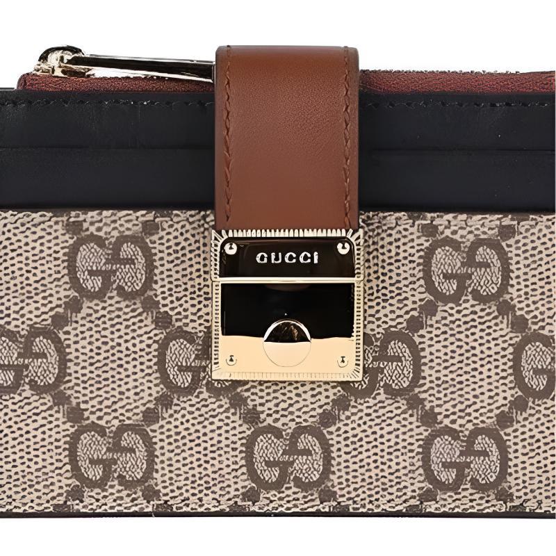 Gucci GG Supreme Brand Logo Print, Metal Hardware Decoration, Leather Card Holder, Regular Women's Model, Beige and Ebony