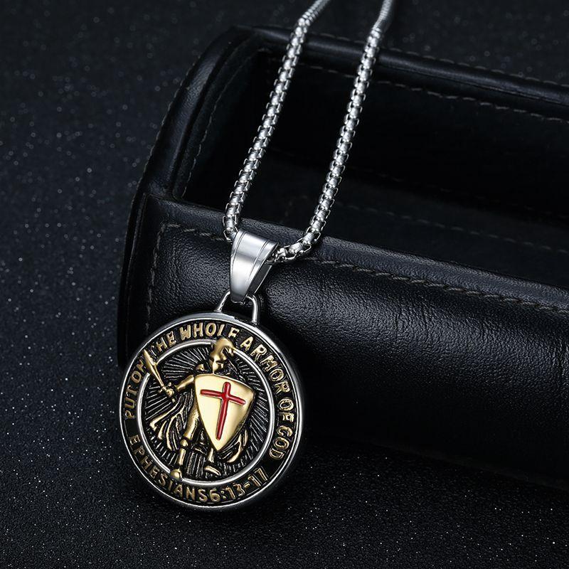 New Vintage Jewelry, Titanium Steel Gold-plated Epoxy Western Medieval Templar Pendant Necklace