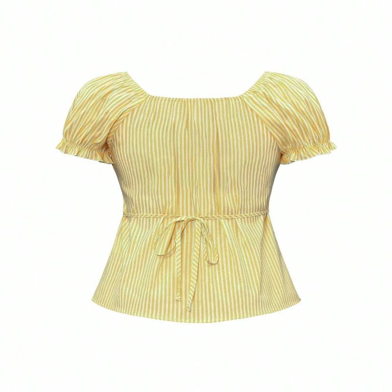 Summer Lace Collar Puff Sleeve Shirt Fashionable Striped Slim Versatile Short-sleeved Top