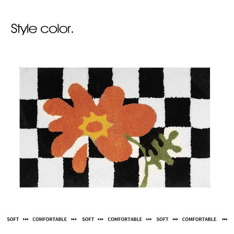 Flower Bath Mats Soft Plush Checkerboard Fluffy Grids Soft Floral Bathroom Carpet Bedside Carpet Home Decor Anti Slip Floor Mats