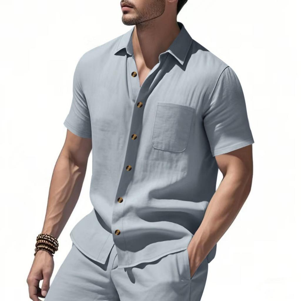 Men's Casual Business Short-Sleeve Shirt - Plus Size Collared Solid Color Pocket Button-Down Shirt