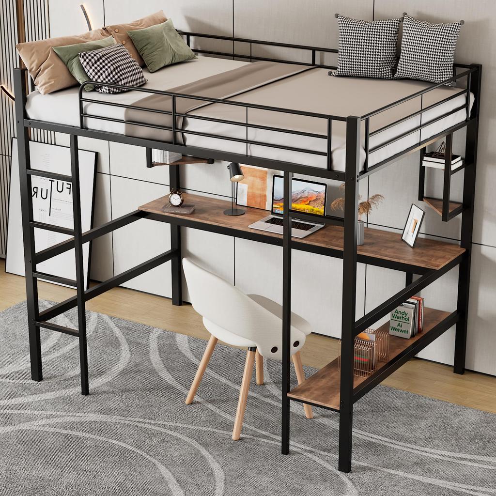 Bunk Bed 90x200 Cm Black, Iron Bed Desk, 4 Small Shelves, Large Bookcase, Safety Ladder, for Children's Room/adults