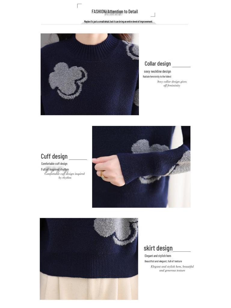 2025 Women's Colorblock Cashmere Wool Sweater: Round Neck, Jacquard Knit, Loose Fit, Versatile and Soft.