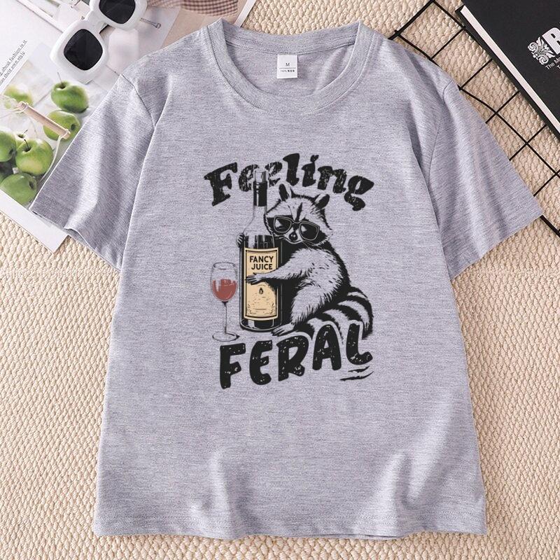 Feeling Feral Funny Raccoon Meme TShirt Unisex Humorous Graphic Tee Funny Unisextal Health Y2K Feral Tees Casual Round Neck Tops