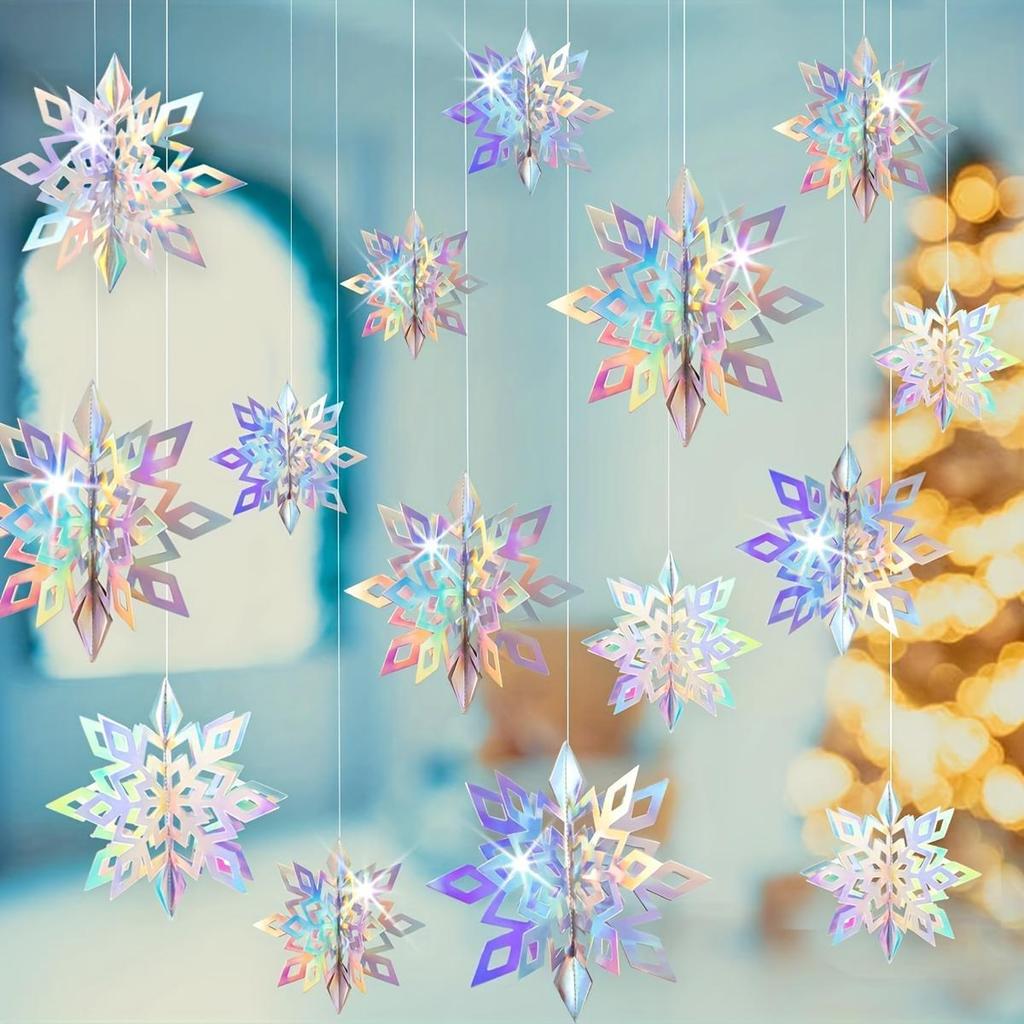 6pcs Iridescent 3D Paper Snowflake Garland - Perfect for Christmas, Winter Wonderland &Frozen Themed Parties-Hanging Decorations