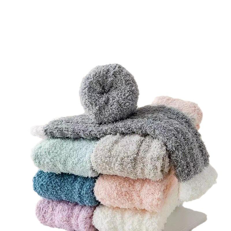 Women's Macaron Color Plush Socks: Warm, Non-Slip, Breathable Coral Fleece Sleep Socks for Autumn and Winter.