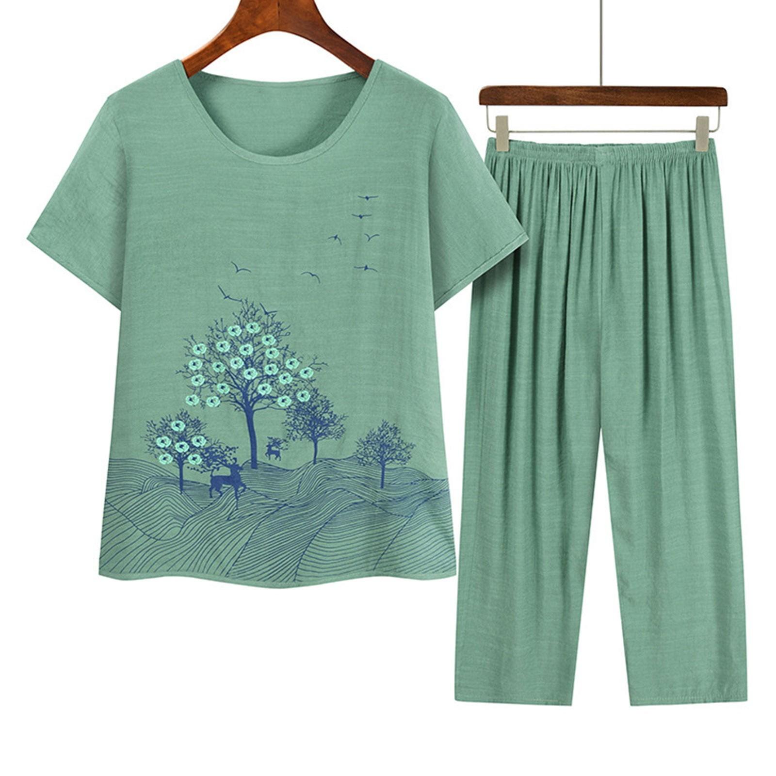 

Женские пижамы, топы с короткими рукавами и цветочным принтом, брюки-капри, комплекты одежды для сна XXXXL зелёный