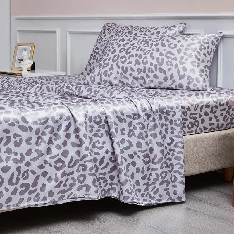 Leopard Print Fitted Sheet Set Queen High-end Satin Fabric Fitted Sheet Flat Sheet Pillowcase Bed Sheets Set King Bedsheet Sets