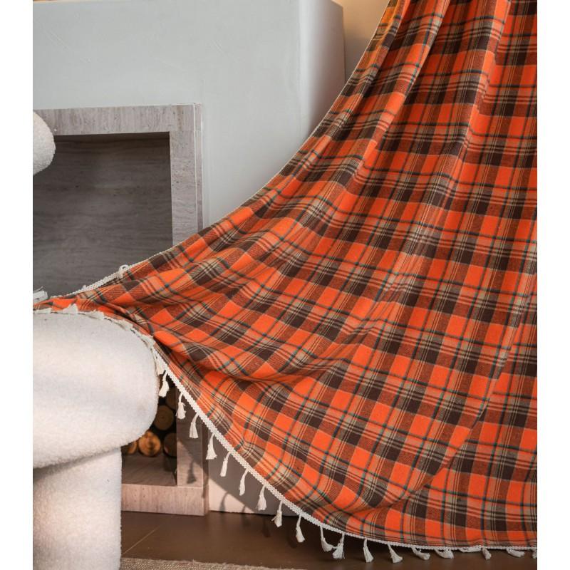 French Style Orange Checkered Cotton Linen Curtain Semi-Sheer Kitchen Dining Bay Window