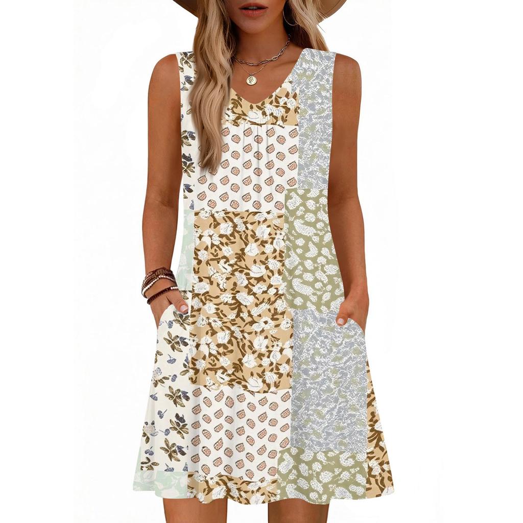 Damenmode Bedrucktes Sommer Ärmelloses V-Ausschnitt Tanktop Tasche Lässiges Lockeres Kleid