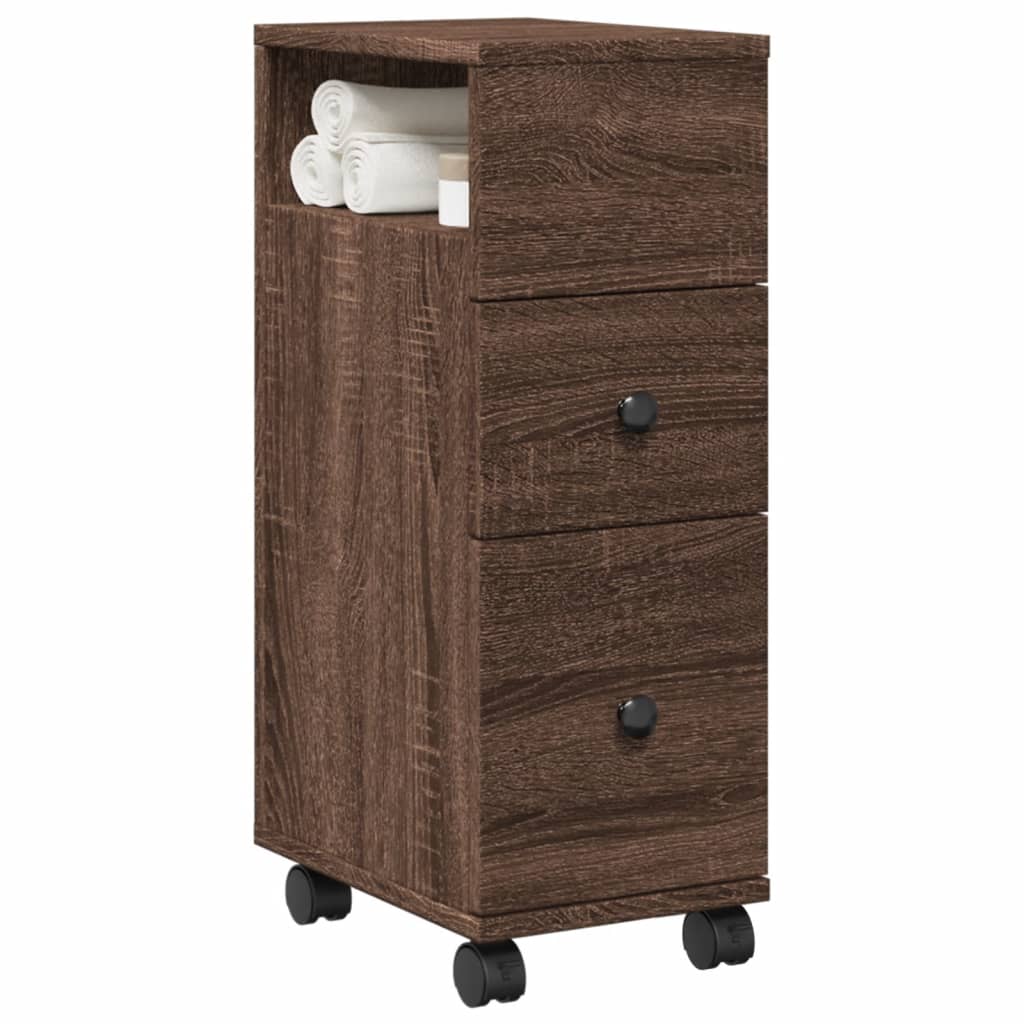 Narrow Bathroom Cabinet with Casters Oak Effect Wood Material